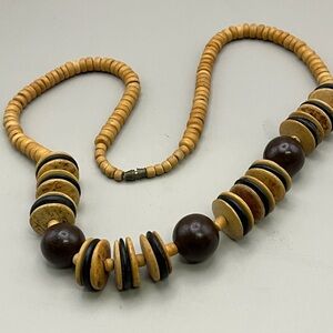 Brown Beaded Necklace with Natural Wood Design